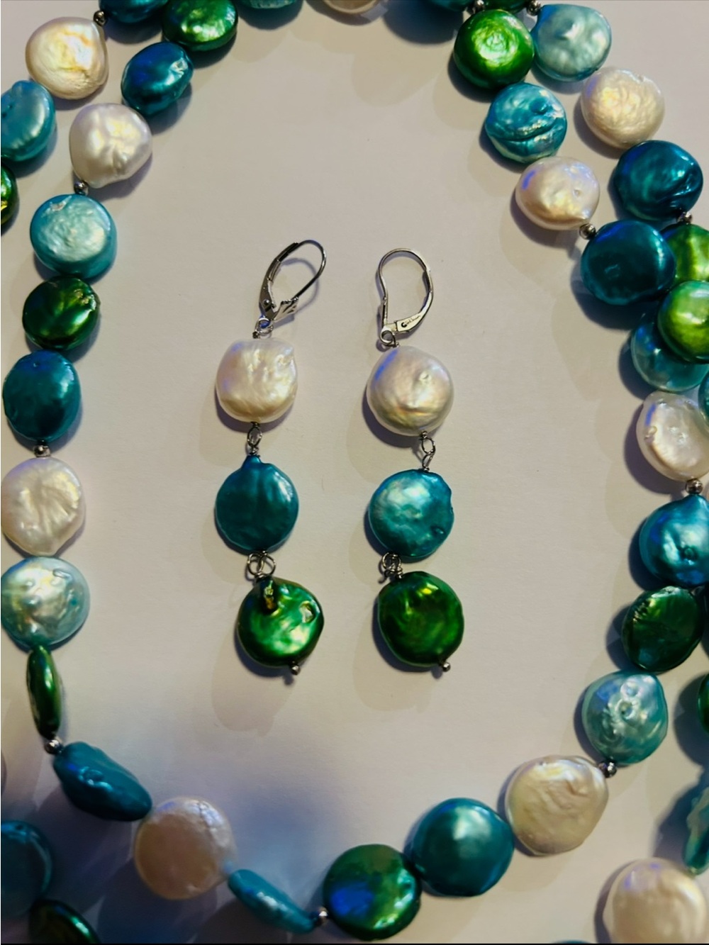 Multicolor Freshwater Coin Pearl Necklace and Earring Set - Teal, Green & Ivory - Picture 2 of 2